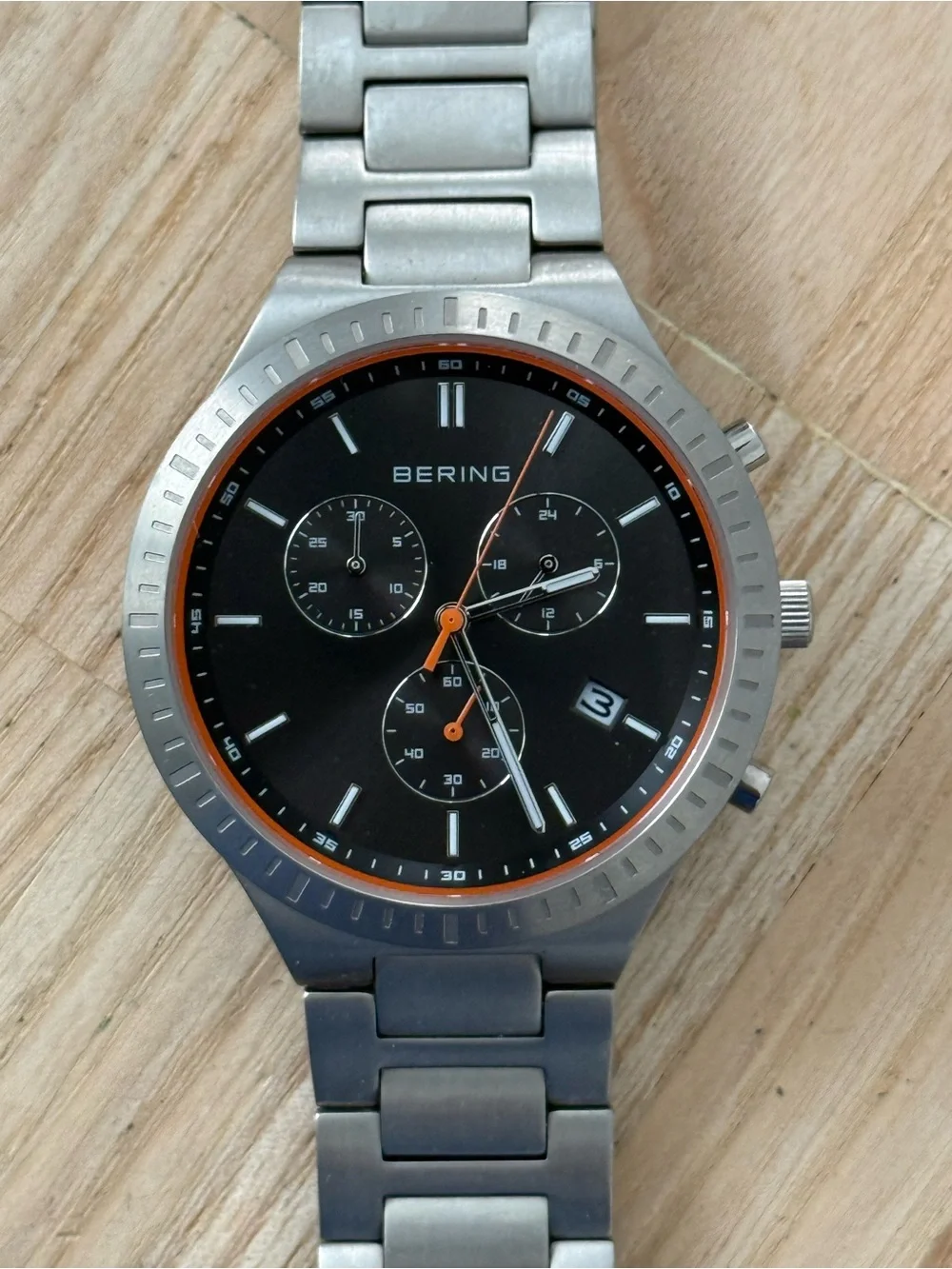 Bering Titanium Chronograph Mens Watch All Titanium Bracelet Case Black Dial